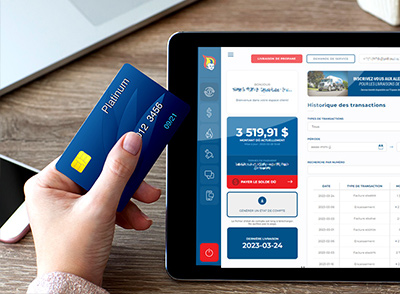 quelqu'un avec une carte de crédit en main qui navigue l'espace client sur sa tablette